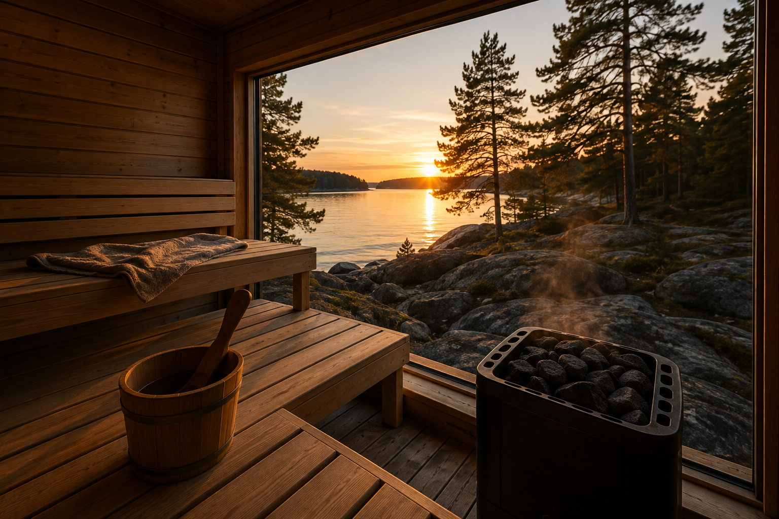 A wood-fired sauna at the water’s edge with steps into the sea